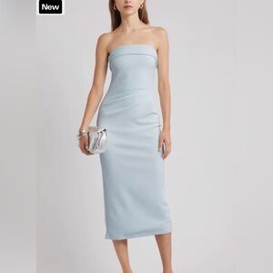 Open Edit Strapless Crepe Midi Dress Small Blue Delicate